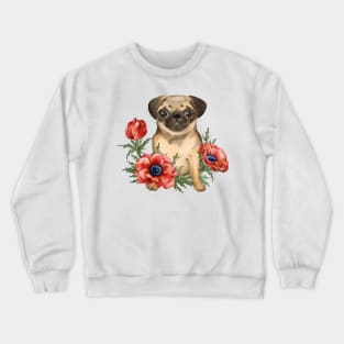 Cute pug puppy with anemones Crewneck Sweatshirt